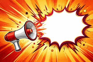 Comic-style megaphone announcing a blank speech bubble explosion on bright halftone background, dynamic promotional banner with copy space