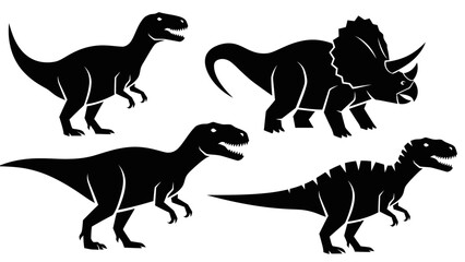 Black silhouettes of various prehistoric dinosaurs including Tyrannosaurus Rex and Triceratops on a white background, isolated vector illustration. © Tutorialxxx18