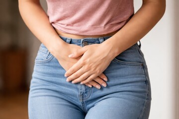 Close-up of woman holding lower abdomen in jeans, expressing pelvic pain and discomfort, concept of menstrual cramps, urinary infection, or digestive issues