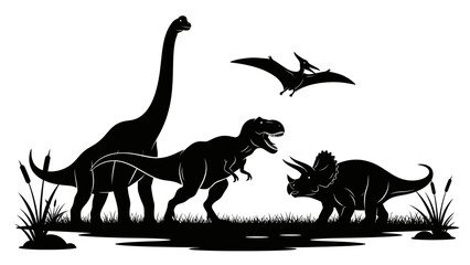 Detailed silhouette illustration of various prehistoric dinosaurs including a long-necked sauropod, a T-Rex, a Triceratops, and a flying pterodactyl in a natural setting. © Tutorialxxx18