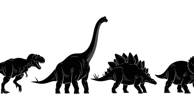 Silhouettes of various prehistoric dinosaurs including T-Rex, Brachiosaurus, Stegosaurus, and Triceratops on a white background.
