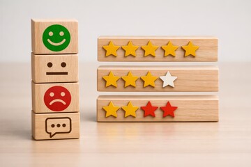 Customer satisfaction and feedback rating concept with wooden blocks showing smiley faces and star reviews in positive, neutral, and negative levels