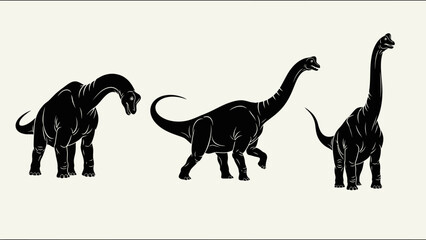 Three black silhouettes of long-necked sauropod dinosaurs in various poses on a light background, representing ancient creatures. © Tutorialxxx18