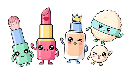 Cartoon makeup collection lipstick brush powder and foundation transparent background