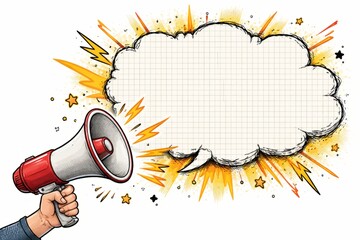 Hand holding megaphone with blank comic speech bubble and explosive sketchy burst, marketing announcement concept with copy space for text