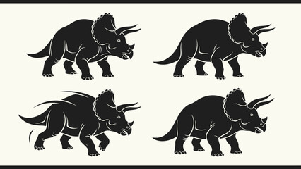 Four black triceratops dinosaur silhouettes in various poses on a light background, depicting ancient prehistoric creatures. © Tutorialxxx18