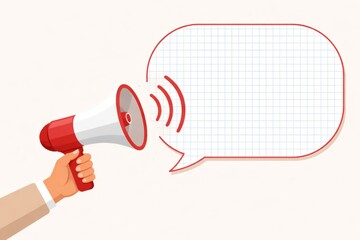 Hand holding megaphone projecting sound waves toward an empty speech bubble banner on a clean background, concept for announcement and marketing message