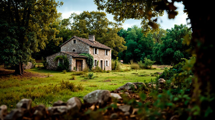 A quaint stone house with a vine growing on its front surrounded by a lush green yard and a stone wall