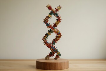 Colorful dna model made of puzzle pieces on wooden base