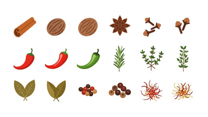Illustration of spices herbs and nuts including cinnamon nutmeg and chili peppers