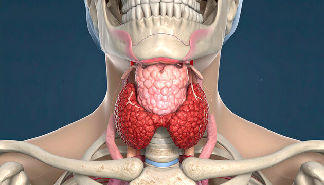 Detailed 3D anatomical illustration of the human thyroid gland and surrounding neck structures.