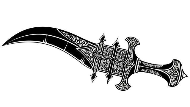 Intricate black and white fantasy dagger with ornate detailed carvings and medieval design elements