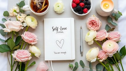 Self-love journal surrounded by flowers, tea, and berries on white table