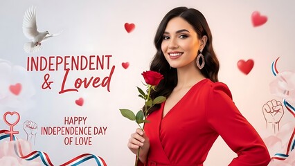 Beautiful woman celebrating love and independence with rose
