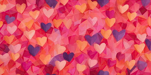 Geometric heart pattern, pink red orange purple, abstract romantic background, low poly style, modern Valentine design, cheerful and vibrant mood