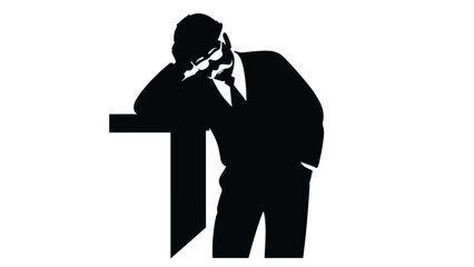 Silhouette of a thoughtful businessman leaning his arm on a vertical surface in contemplation