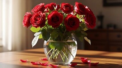 Beautiful bouquet of fresh red roses in elegant glass vase on wooden table