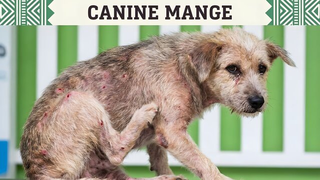 A scruffy dog with mange scratches itself in front of a green and white fence with canine and veterinary and pathology and animal and health