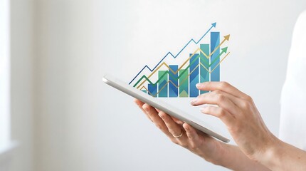 Woman watching an animated financial graph with arrows pointing upward on a digital tablet. Business growth concept for market analysis and investment.