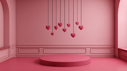 Minimal Valentine stage with circular podium, soft pink walls, and hanging heart decorations creates romantic, elegant atmosphere for love themed events or photo shoots