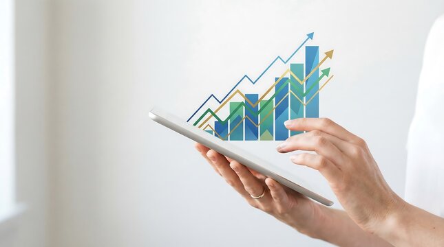 Woman watching an animated financial graph with arrows pointing upward on a digital tablet. Business growth concept for market analysis and investment. - Powered by Adobe