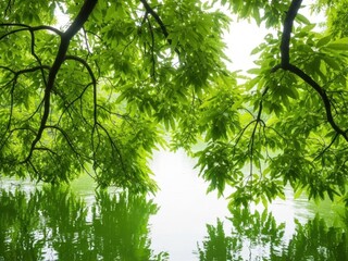 Fototapeta premium A serene landscape of green tree branches over a calm reflective lake
