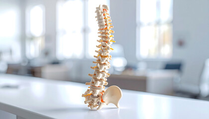 Fototapeta premium A detailed anatomical model of a human spine standing on a white table in a bright room.