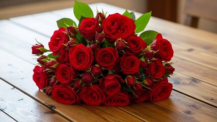 Beautiful bouquet of fresh red roses on wooden table
