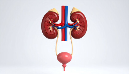 3D rendering of the human urinary system showing kidneys, ureters, bladder, and major blood vessels.