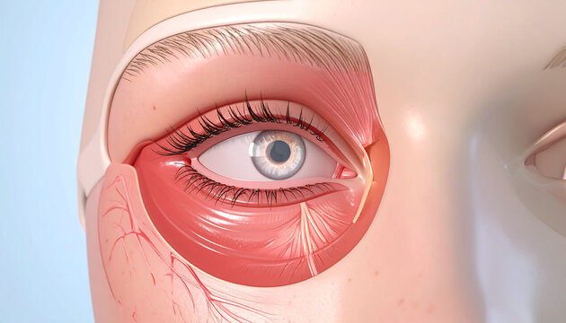 Detailed anatomical illustration of the human eye and surrounding muscles, showcasing the orbicularis oculi and periorbital structures.