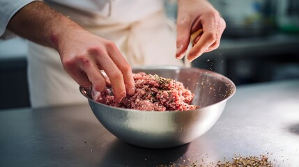 Artisanal sausage preparation hands mix fresh meat spices on a clean kitchen counter creating delicious flavor