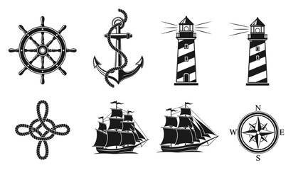 Set of nautical and maritime symbols including ship wheel anchors lighthouses and compass for © @_ greta