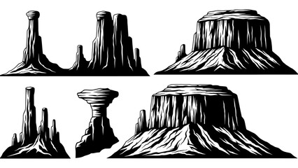 Vector illustrations of iconic desert landscape formations including mesas and buttes in black and © @_ greta