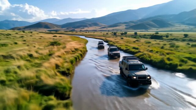 A convoy of off-road vehicles navi a shallow river, surrounded by grassy plains and distant mountains.