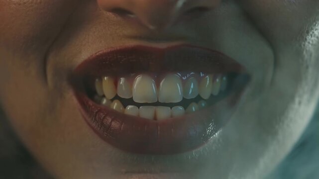 A cinematic close-up woman's mouth, focusing her dark red lipstick she slowly reveals sharp vampire fangs visual effects faint mist smoky breath escaping her lips. lighting deep crimson soft shadows