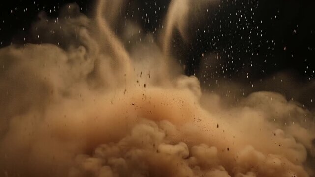 Exploding dust, soil, and smoke cloud particles, slow-motion, realistic physics simulation, isolated on black background, cinematic lighting dynamic shadows, textures, high-resolution 4K, dramatic