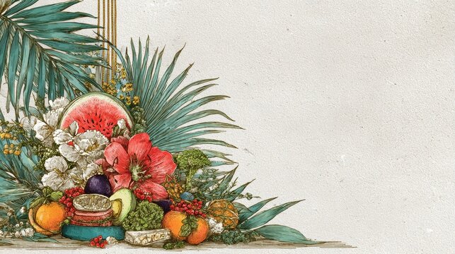 Vibrant Tropical Fruits and Leaves Arrangement.
