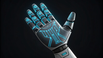 Futuristic robot hand with glowing blue circuit patterns, artificial intelligence concept