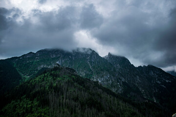 Giewont Mountain shrouded in dark clouds