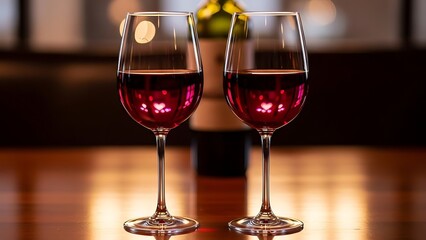 Two wine glasses on wooden table with bottle in background