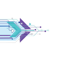 A futuristic graphic design featuring purple, blue, and teal circuit board elements on a white background with a shallow depth of field and a sense of technological advancement.