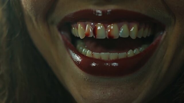 A cinematic close-up woman's mouth, focusing her dark red lipstick she slowly reveals sharp vampire fangs visual effects faint mist smoky breath escaping her lips. lighting deep crimson soft shadows