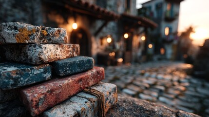 Vintage Books on Cobblestone Street at Dusk.