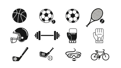 Collection of sports icons including basketball, soccer, tennis, and cycling illustrations