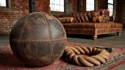 Vintage boxing ball and ropes on a rug.