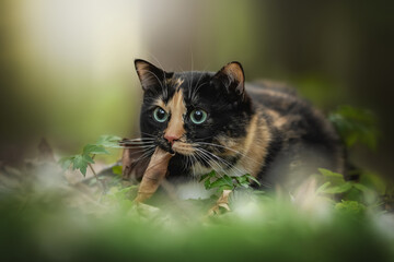 A tortoiseshell cat explores the verdant undergrowth of a forest in spring. Vibrant leaves surround...