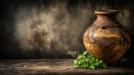 Vintage Clay Pot with Fresh Herbs Display.