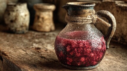 Vintage Clay Jug with Red Berries.