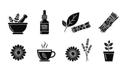 Collection of herbal remedies and natural wellness icons in monochrome style