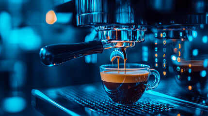 Close-up of fresh espresso being brewed from sleek, modern machine into clear glass cup, highlighted by vibrant blue and teal lighting creating futuristic and inviting atmosphere for coffee lovers